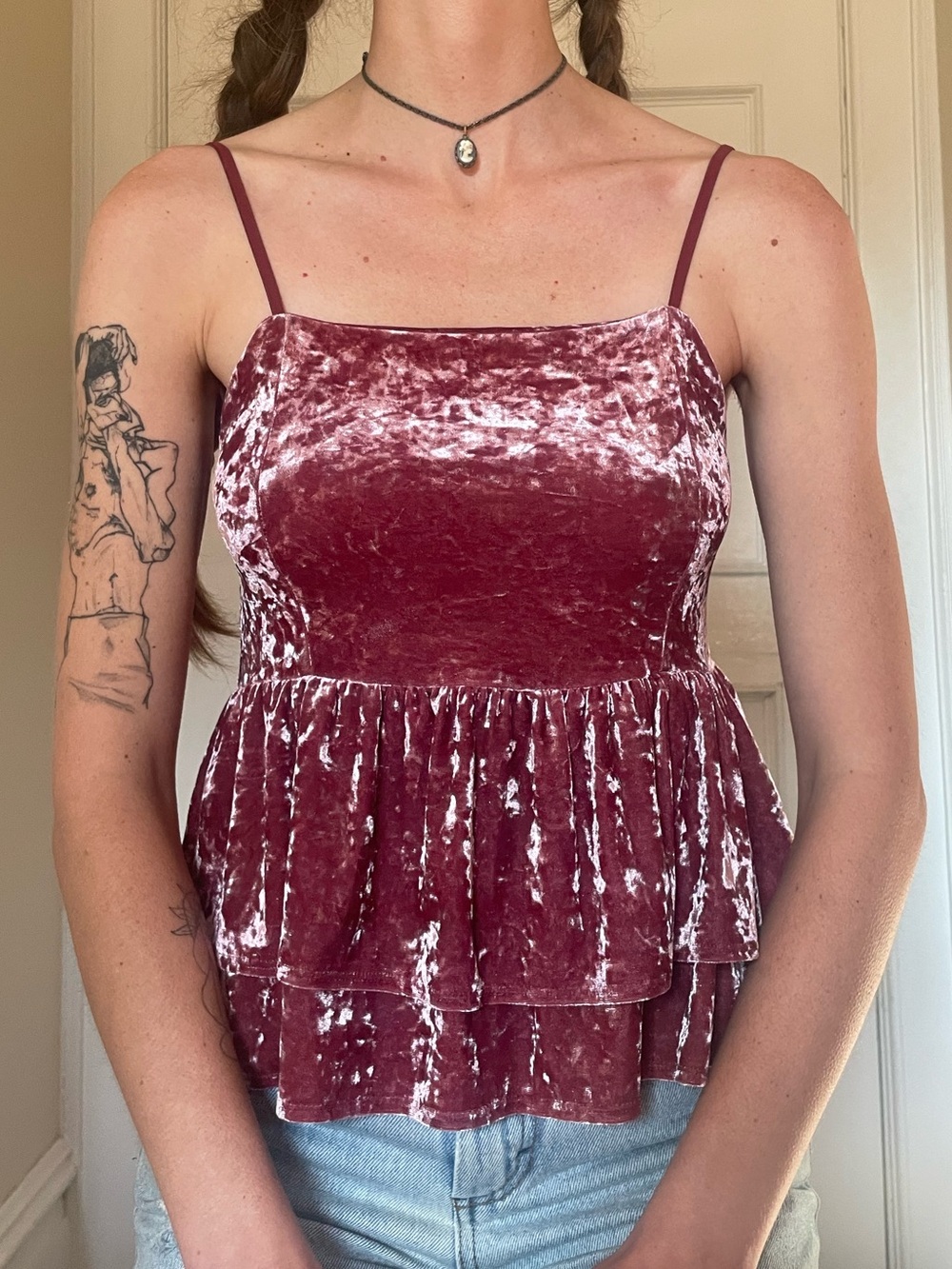American Eagle Outfitters Crushed Velvet Peplum Camisole - Wine
